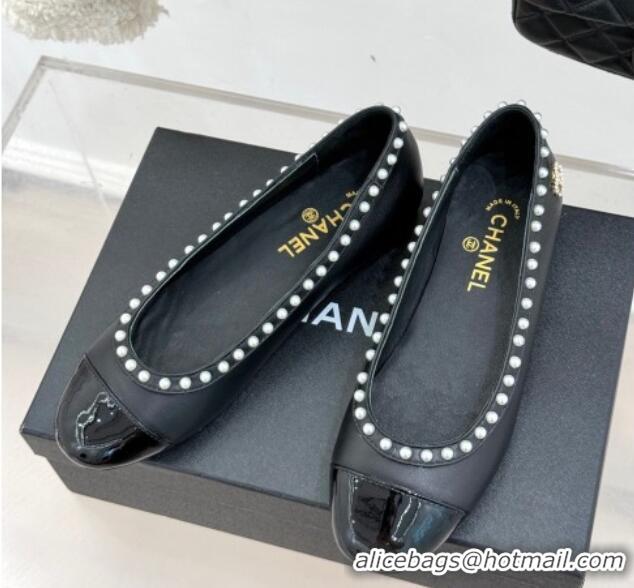 Stylish Chanel Lambskin & Patent Calfskin Ballet Flats with Pearls Black 2025 CH041609