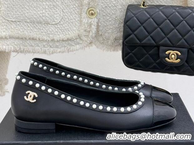 Stylish Chanel Lambskin & Patent Calfskin Ballet Flats with Pearls Black 2025 CH041609