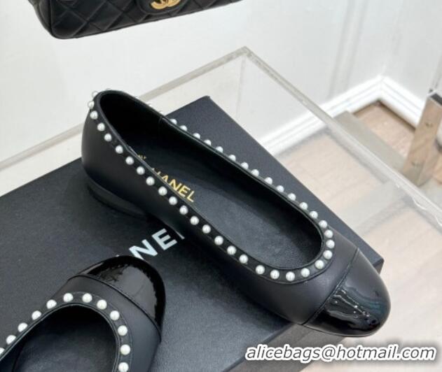 Stylish Chanel Lambskin & Patent Calfskin Ballet Flats with Pearls Black 2025 CH041609