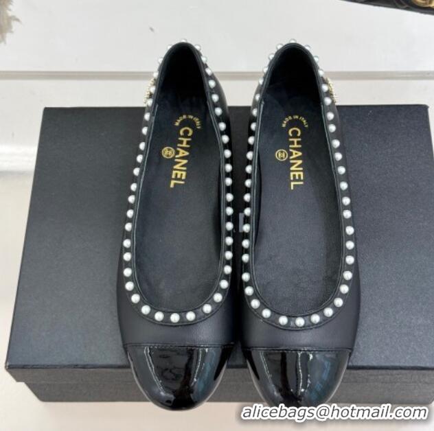 Stylish Chanel Lambskin & Patent Calfskin Ballet Flats with Pearls Black 2025 CH041609