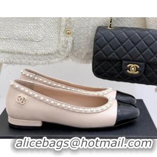 Stylish Chanel Lambskin & Patent Calfskin Ballet Flats with Pearls Light Pink 2025 CH041609
