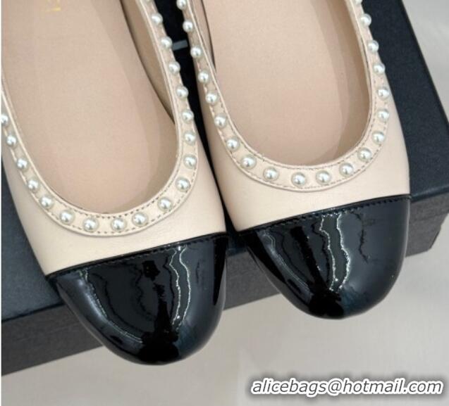 Stylish Chanel Lambskin & Patent Calfskin Ballet Flats with Pearls Light Pink 2025 CH041609