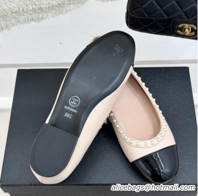 Stylish Chanel Lambskin & Patent Calfskin Ballet Flats with Pearls Light Pink 2025 CH041609