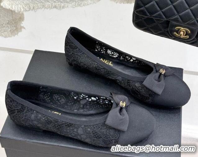 Unique Discount Chanel Lace & Grosgrain Ballet Flats with Bow Black 2025 CH041610