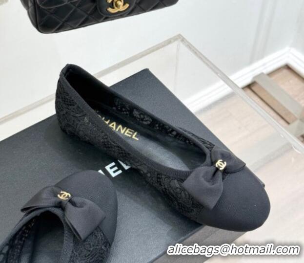 Unique Discount Chanel Lace & Grosgrain Ballet Flats with Bow Black 2025 CH041610