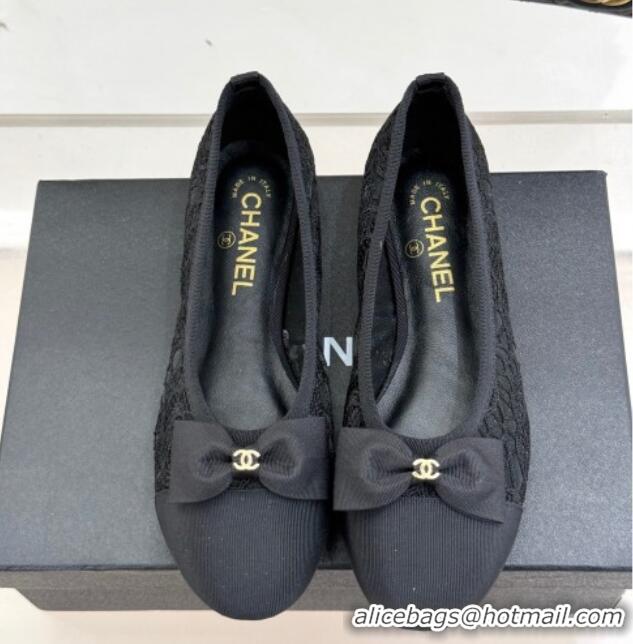 Unique Discount Chanel Lace & Grosgrain Ballet Flats with Bow Black 2025 CH041610