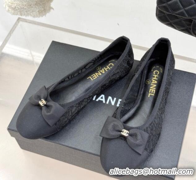Unique Discount Chanel Lace & Grosgrain Ballet Flats with Bow Black 2025 CH041610