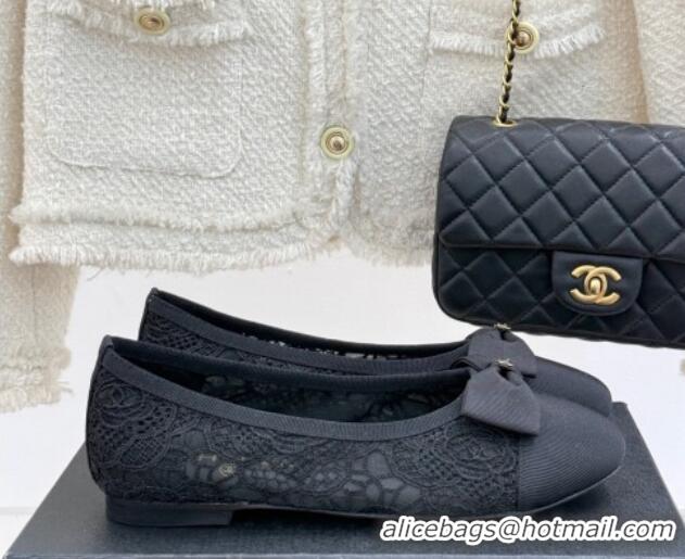Unique Discount Chanel Lace & Grosgrain Ballet Flats with Bow Black 2025 CH041610