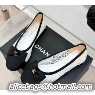 Top Design Chanel Lace & Grosgrain Ballet Flats with Bow White 2025 CH041610