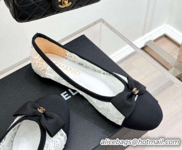 Top Design Chanel Lace & Grosgrain Ballet Flats with Bow White 2025 CH041610