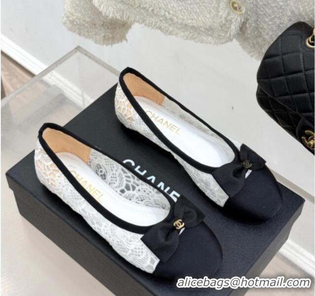 Top Design Chanel Lace & Grosgrain Ballet Flats with Bow White 2025 CH041610