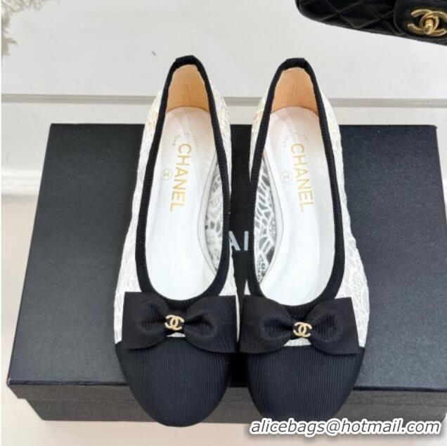 Top Design Chanel Lace & Grosgrain Ballet Flats with Bow White 2025 CH041610