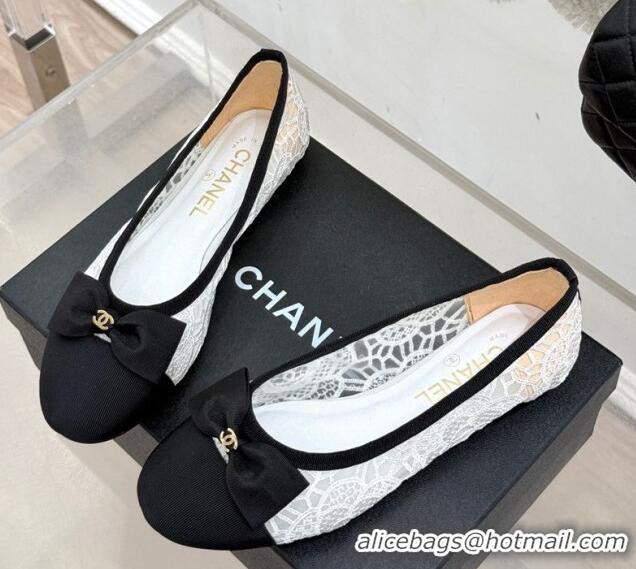 Top Design Chanel Lace & Grosgrain Ballet Flats with Bow White 2025 CH041610