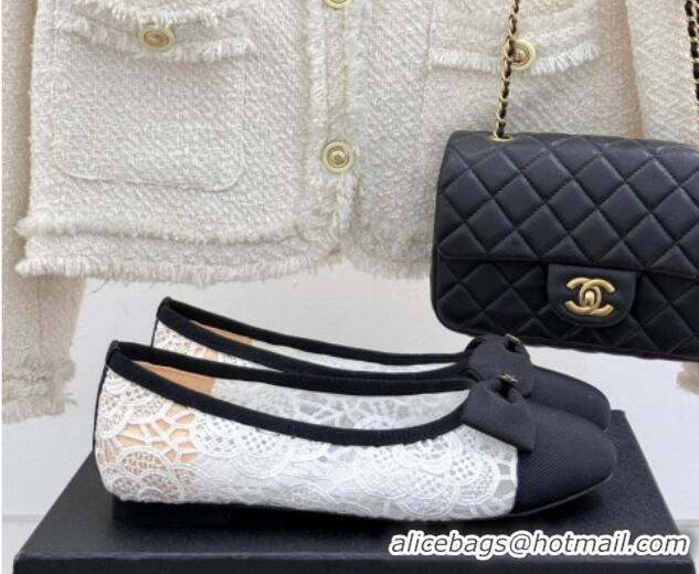 Top Design Chanel Lace & Grosgrain Ballet Flats with Bow White 2025 CH041610