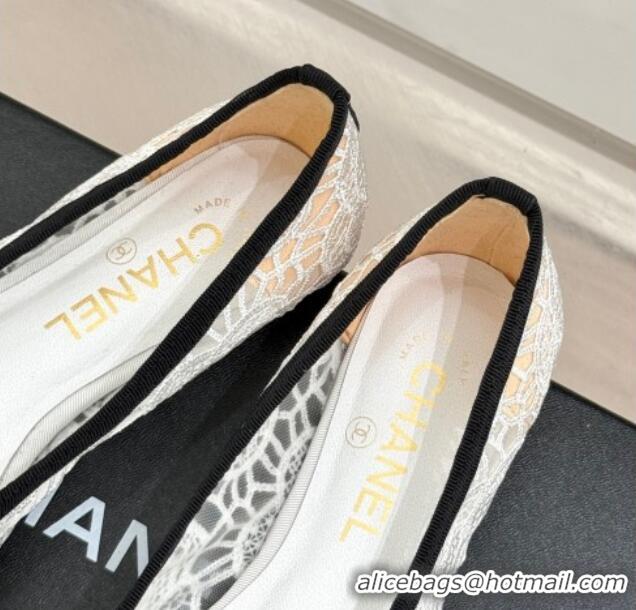 Top Design Chanel Lace & Grosgrain Ballet Flats with Bow White 2025 CH041610