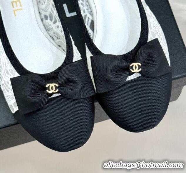 Top Design Chanel Lace & Grosgrain Ballet Flats with Bow White 2025 CH041610
