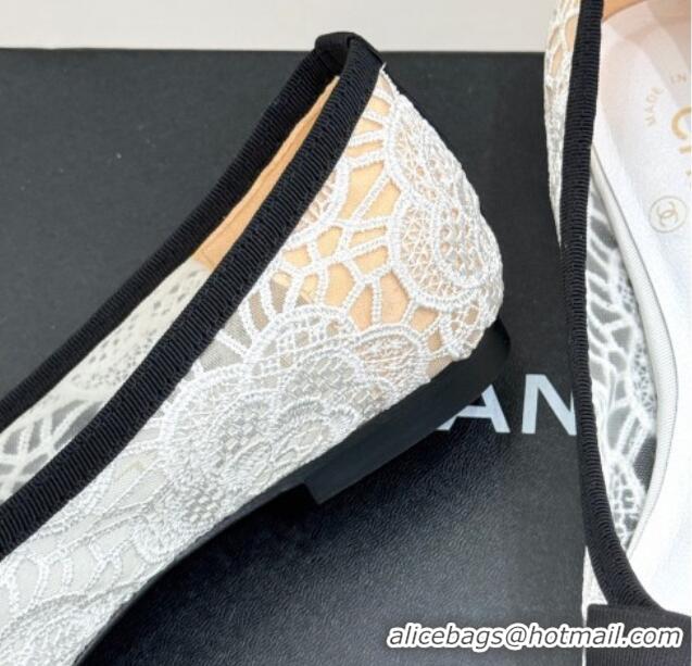Top Design Chanel Lace & Grosgrain Ballet Flats with Bow White 2025 CH041610