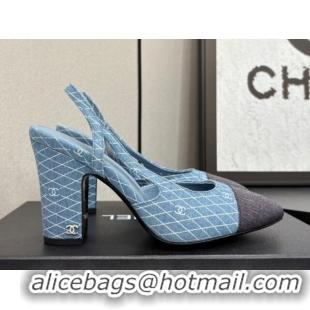 Good Quality Chanel Quilted Denim Classic Slingback Pumps 10cm Light Blue 2025 G45509