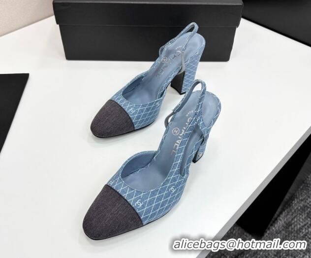 Good Quality Chanel Quilted Denim Classic Slingback Pumps 10cm Light Blue 2025 G45509