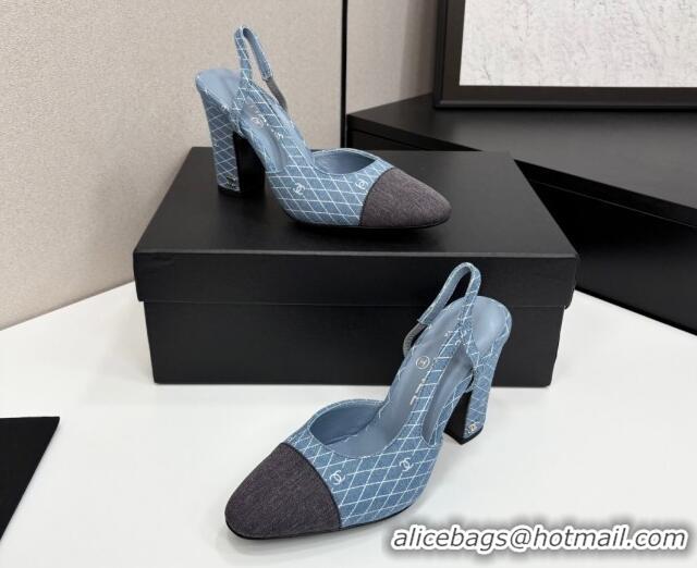 Good Quality Chanel Quilted Denim Classic Slingback Pumps 10cm Light Blue 2025 G45509