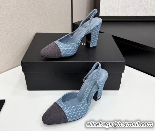 Good Quality Chanel Quilted Denim Classic Slingback Pumps 10cm Light Blue 2025 G45509
