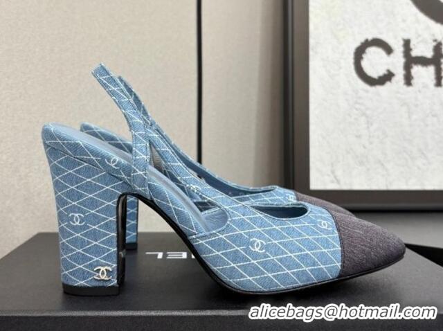 Good Quality Chanel Quilted Denim Classic Slingback Pumps 10cm Light Blue 2025 G45509