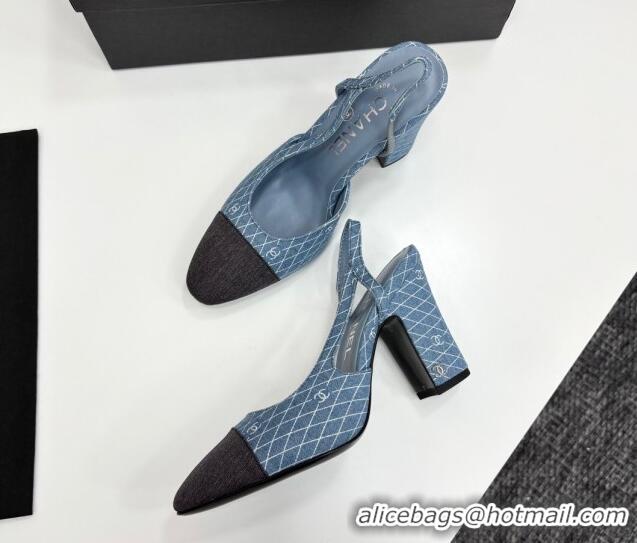 Good Quality Chanel Quilted Denim Classic Slingback Pumps 10cm Light Blue 2025 G45509