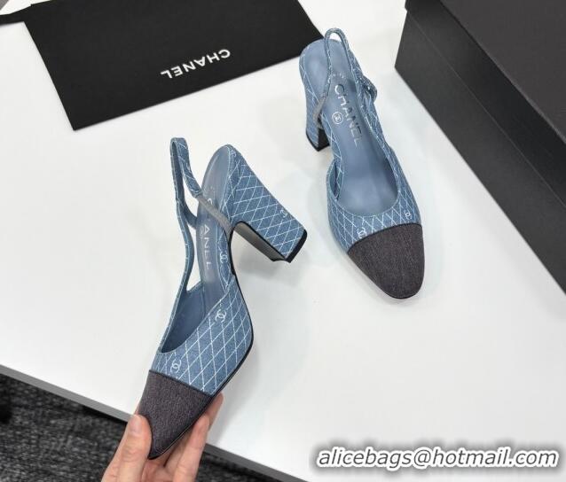 Good Quality Chanel Quilted Denim Classic Slingback Pumps 10cm Light Blue 2025 G45509