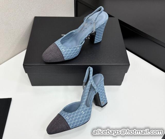 Good Quality Chanel Quilted Denim Classic Slingback Pumps 10cm Light Blue 2025 G45509