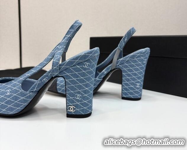 Good Quality Chanel Quilted Denim Classic Slingback Pumps 10cm Light Blue 2025 G45509
