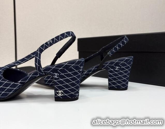 Grade Chanel Quilted Denim Classic Slingback Pumps 6cm Dark Blue 2025 G31318