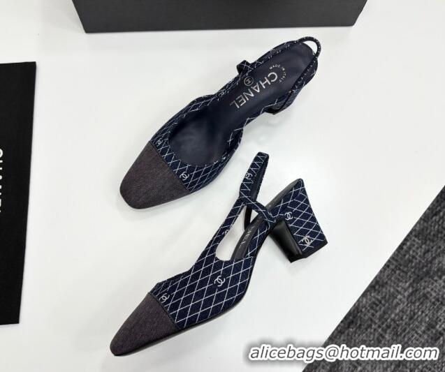 Grade Chanel Quilted Denim Classic Slingback Pumps 6cm Dark Blue 2025 G31318