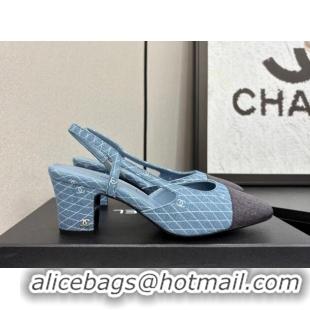 Best Grade Chanel Quilted Denim Classic Slingback Pumps 6cm Light Blue 2025 G31318