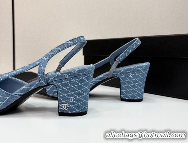 Best Grade Chanel Quilted Denim Classic Slingback Pumps 6cm Light Blue 2025 G31318