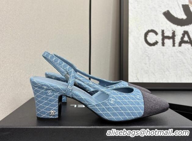 Best Grade Chanel Quilted Denim Classic Slingback Pumps 6cm Light Blue 2025 G31318