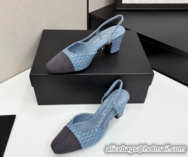 Best Grade Chanel Quilted Denim Classic Slingback Pumps 6cm Light Blue 2025 G31318