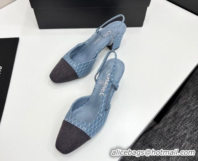Best Grade Chanel Quilted Denim Classic Slingback Pumps 6cm Light Blue 2025 G31318