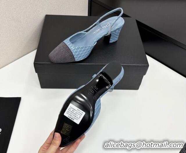 Best Grade Chanel Quilted Denim Classic Slingback Pumps 6cm Light Blue 2025 G31318