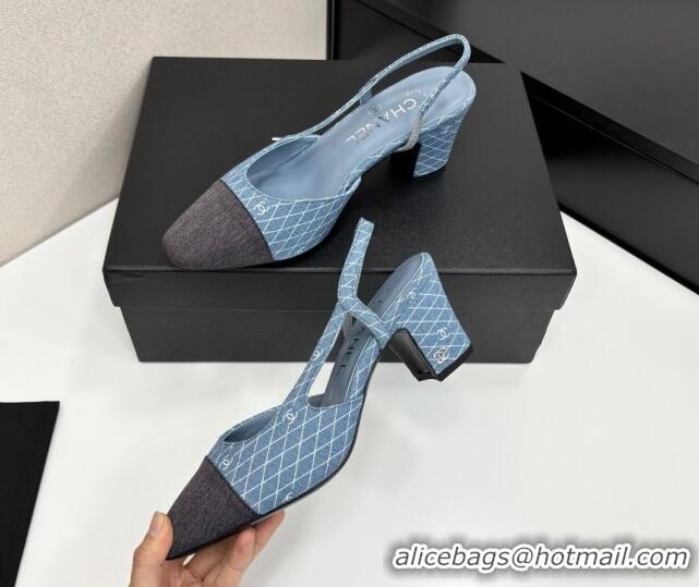 Best Grade Chanel Quilted Denim Classic Slingback Pumps 6cm Light Blue 2025 G31318