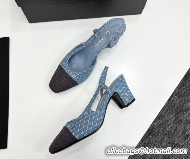 Best Grade Chanel Quilted Denim Classic Slingback Pumps 6cm Light Blue 2025 G31318