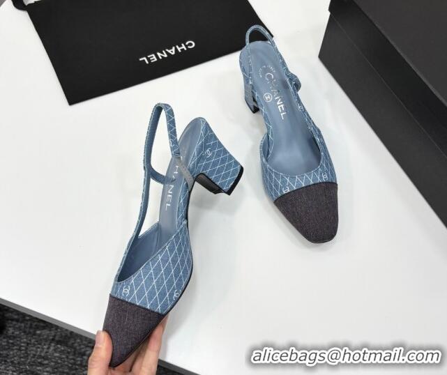 Best Grade Chanel Quilted Denim Classic Slingback Pumps 6cm Light Blue 2025 G31318