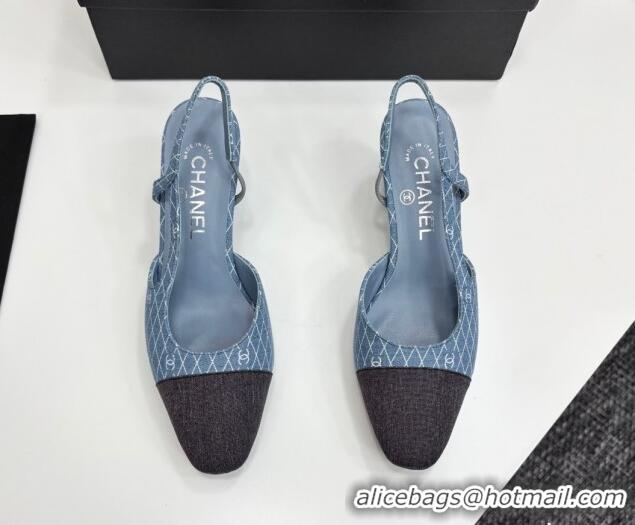 Best Grade Chanel Quilted Denim Classic Slingback Pumps 6cm Light Blue 2025 G31318