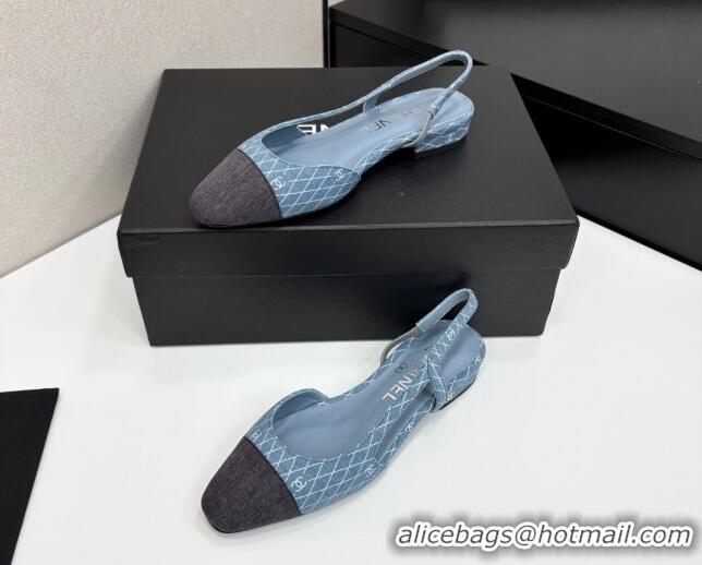 Top Grade Chanel Quilted Denim Classic Slingbacks Flats Light Blue 2025 G31319