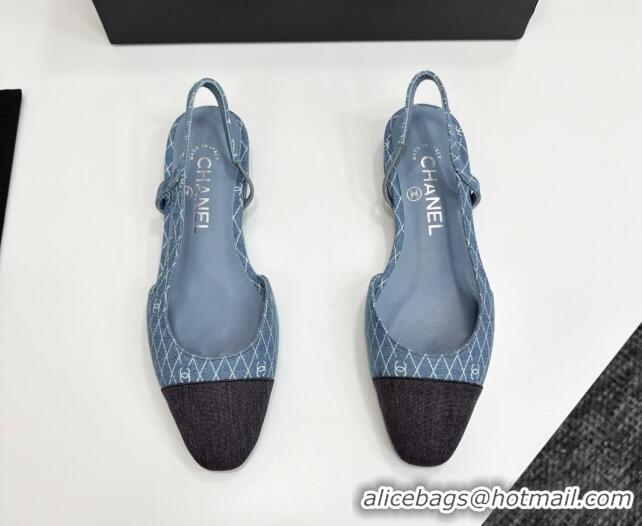 Top Grade Chanel Quilted Denim Classic Slingbacks Flats Light Blue 2025 G31319