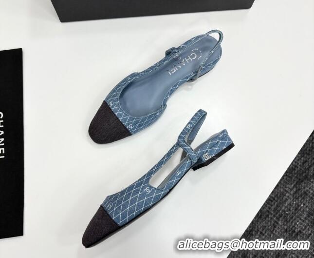 Top Grade Chanel Quilted Denim Classic Slingbacks Flats Light Blue 2025 G31319