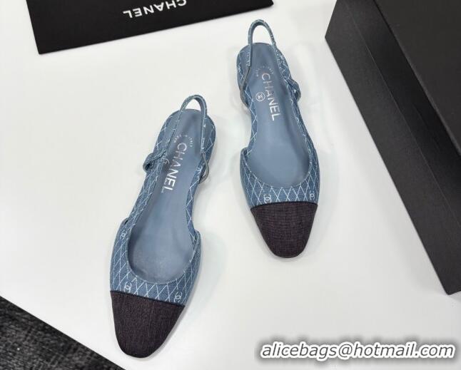Top Grade Chanel Quilted Denim Classic Slingbacks Flats Light Blue 2025 G31319