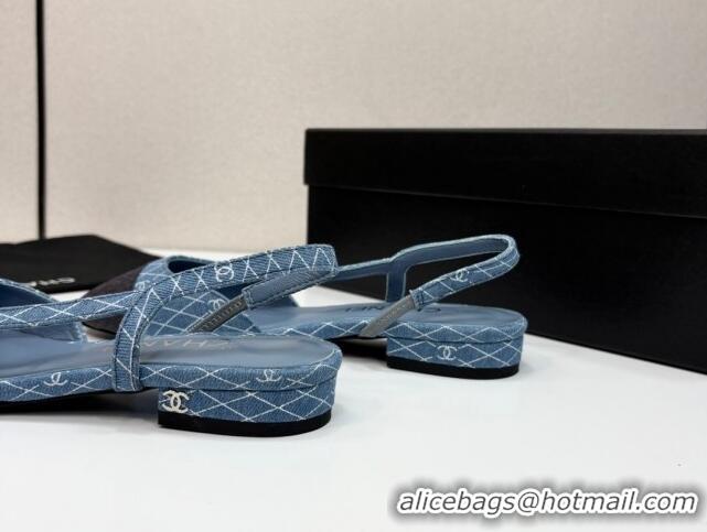 Top Grade Chanel Quilted Denim Classic Slingbacks Flats Light Blue 2025 G31319