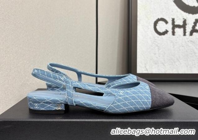Top Grade Chanel Quilted Denim Classic Slingbacks Flats Light Blue 2025 G31319