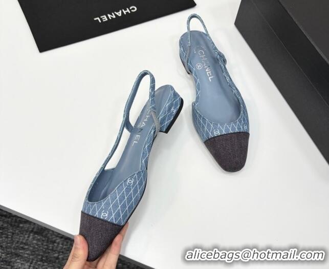Top Grade Chanel Quilted Denim Classic Slingbacks Flats Light Blue 2025 G31319