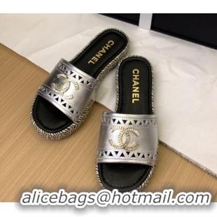 Luxury Cheap Chanel Cutout Calfskin Flat Slides Sandal Silver 2025 CH041611